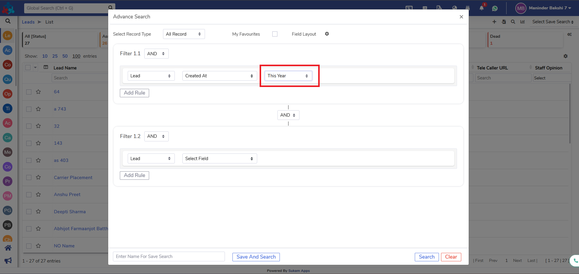 Filtering leads in Sukam Apps CRM before sending a WhatsApp broadcast