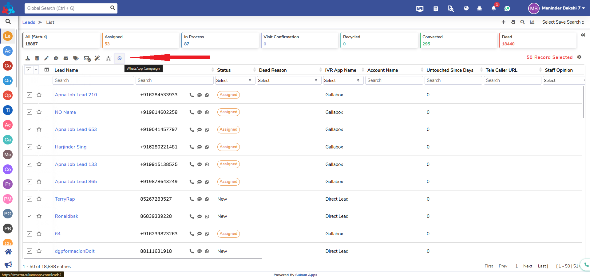 Sukam Apps CRM WhatsApp broadcast to leads - step 3 - Sukam Apps IT Services