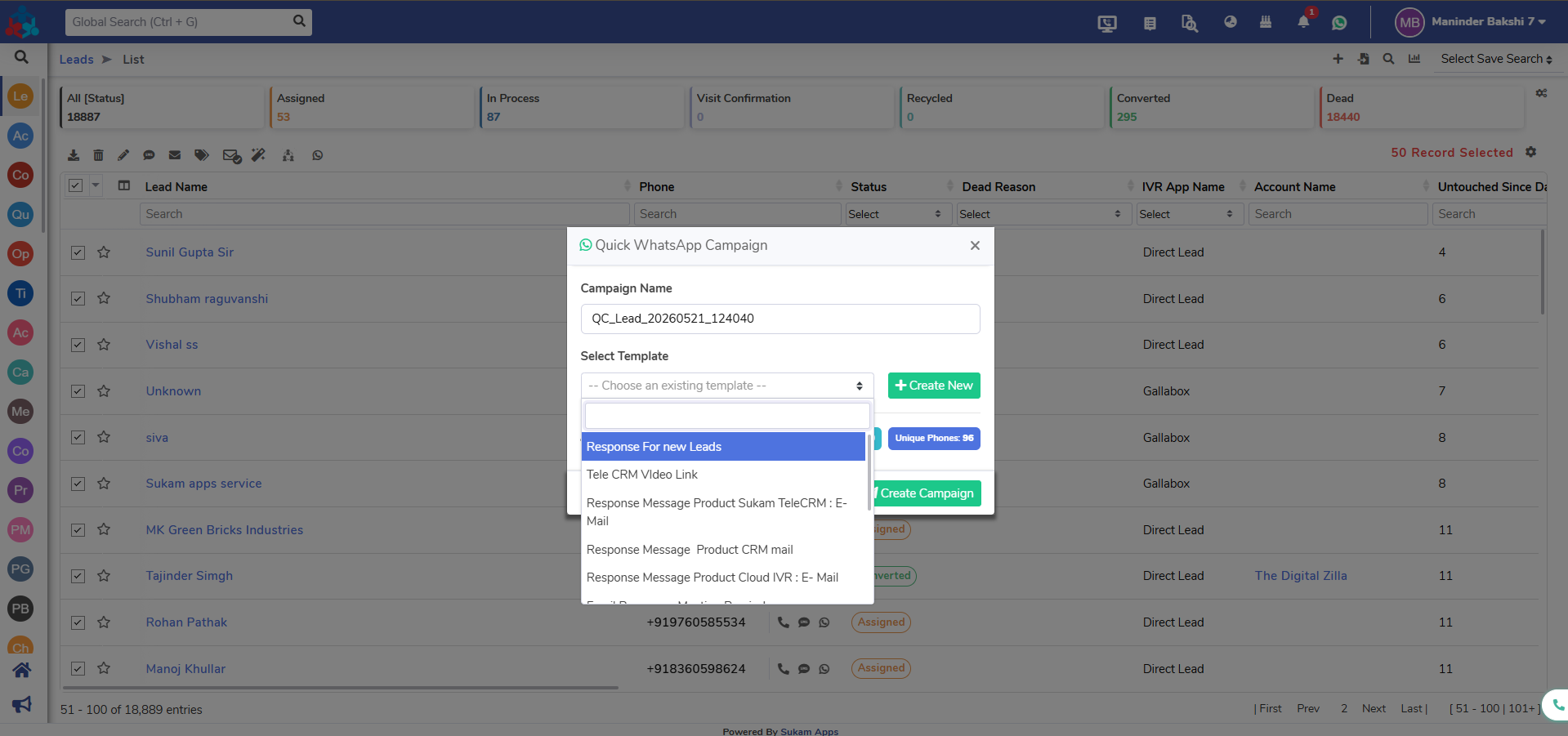 Sukam Apps CRM WhatsApp broadcast to leads - step 4 - Sukam Apps IT Services