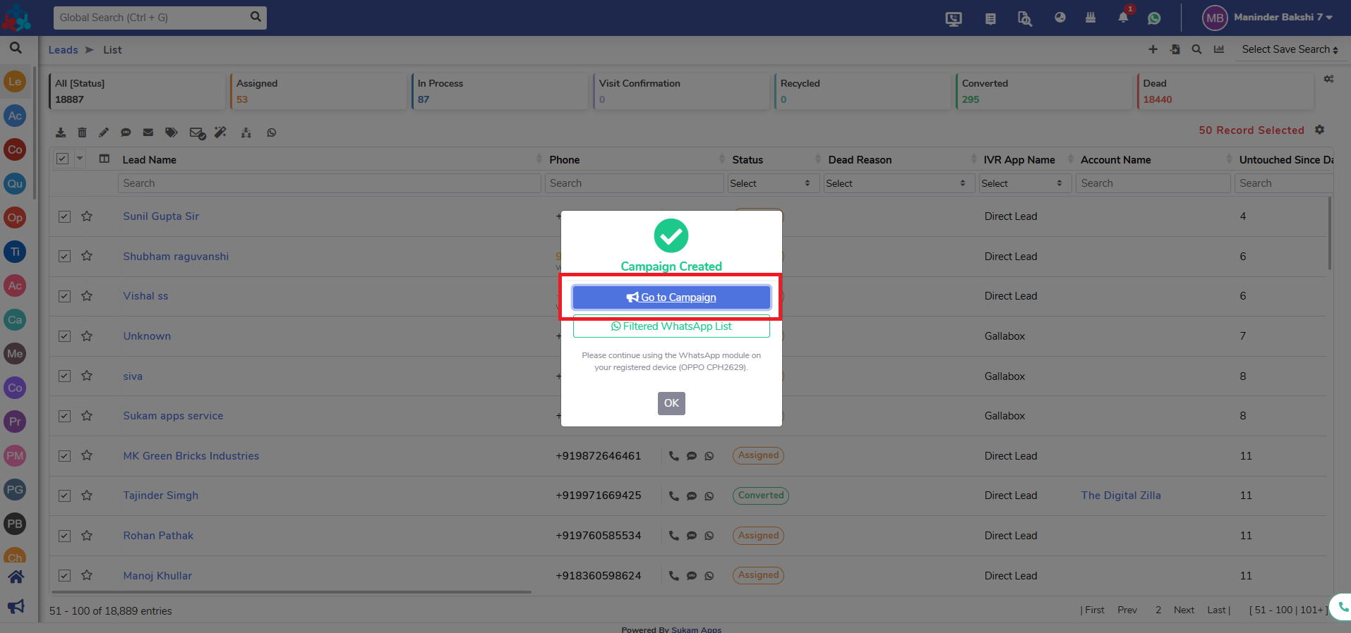 Sukam Apps CRM WhatsApp broadcast to leads - step 5 - Sukam Apps IT Services
